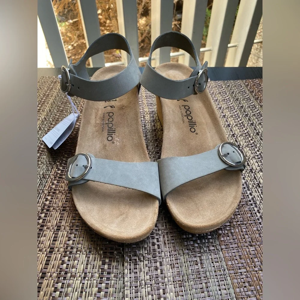 Papillio Light Gray Suede Buckle Ankle-Strap Sandals
